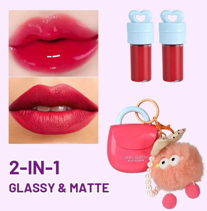 HUES QUEEN 2-in-1 Lip Gloss AirPods Design | Glossy & Matte Lip Color | Cute Fuzzy Ball Keychain