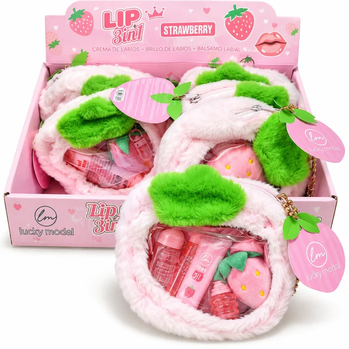 Lucky Model Strawberry 3-in-1 Lip & Hand Care Set | Lip Balm, Lip Oil & Hand Cream | Cute Strawberry Bag