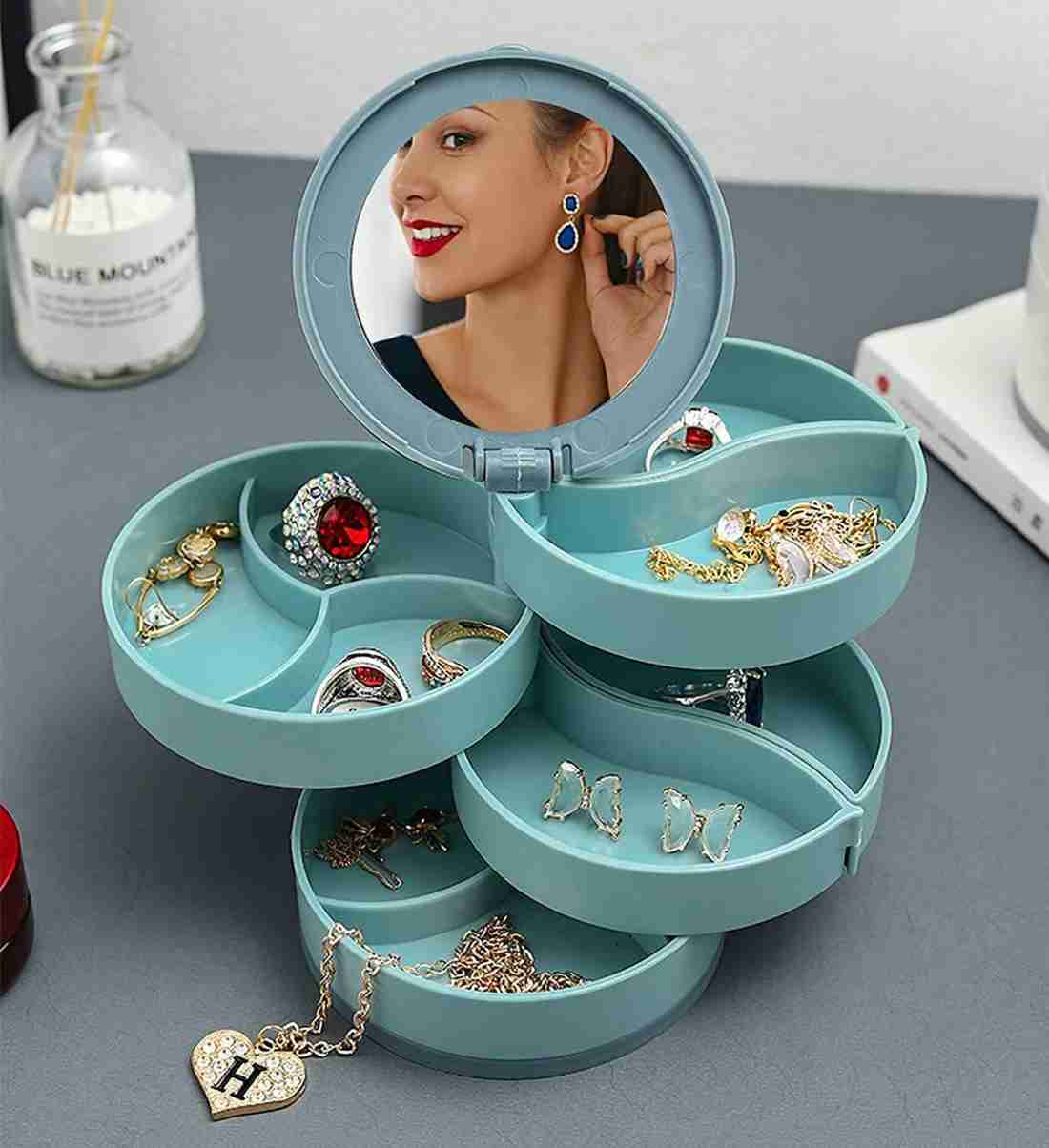 Portable Rotatable Multilayer Divider Grid Jewellery Organizer Box With Mirror Storage Box Jewelry Organizer