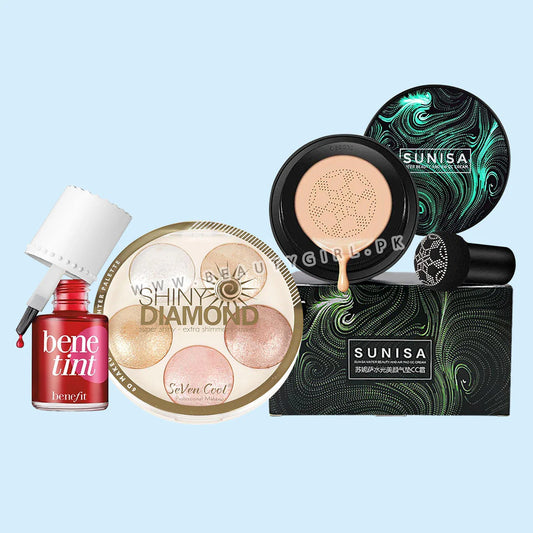 Sunisa 3in1 Air Cushion CC & BB Cream Foundation, Seven Cool 5in1 Professional Crystal Shiny Diamond Highlighter & Benefit Benetint 12.5ml