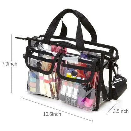 Premium Clear Makeup Organizer PVC Toiletry Bag Transparent Cosmetic Bag For Women Sturdy Zipper & 7 External Pockets For Toiletries & Cosmetics Adjustable Shoulder Strap