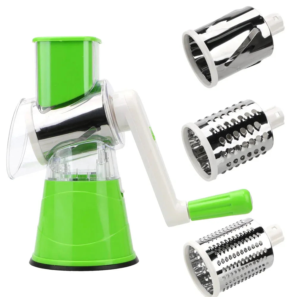 Manual Tabletop Drum Cheese Grater, 3 in 1 Rotary Shredder Slicer Grinder for Cucumber Nut Potato Carrot Cheese, Vegetable Salad Shooter,Green