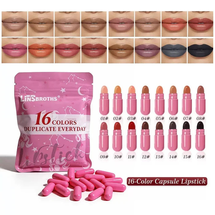 LINSBROTHS 16 Color Mini Capsule Lipstick Set – Assorted Shades of Pink, Nude, Brown & Red Lip Colors