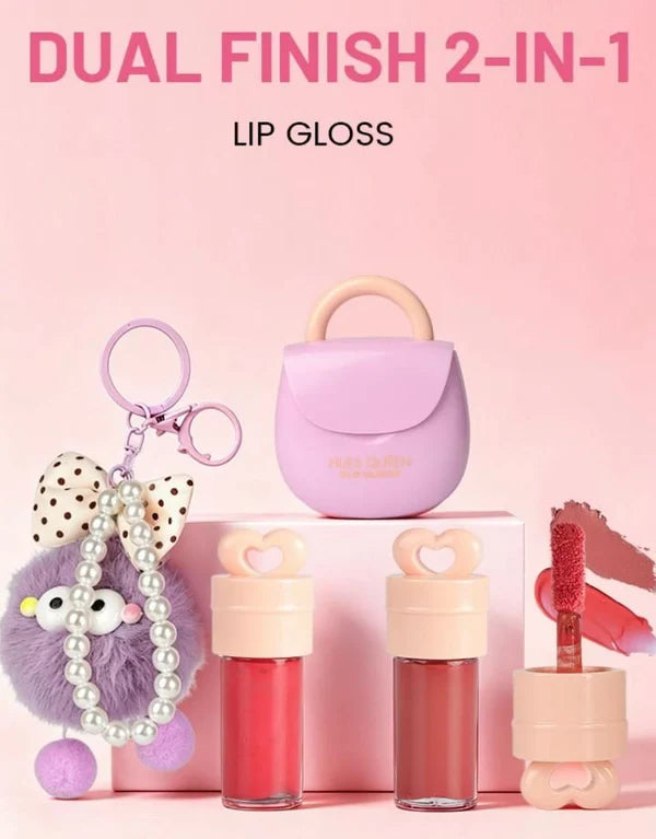 HUES QUEEN 2-in-1 Lip Gloss AirPods Design | Glossy & Matte Lip Color | Cute Fuzzy Ball Keychain