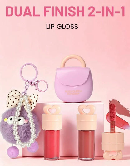 HUES QUEEN 2-in-1 Lip Gloss AirPods Design | Glossy & Matte Lip Color | Cute Fuzzy Ball Keychain
