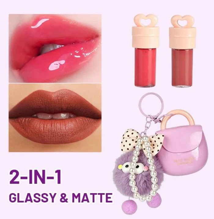 HUES QUEEN 2-in-1 Lip Gloss AirPods Design | Glossy & Matte Lip Color | Cute Fuzzy Ball Keychain
