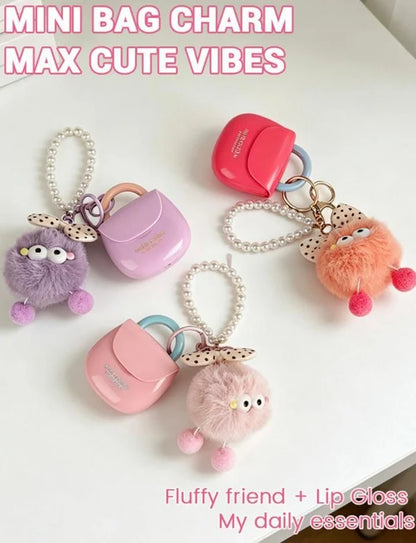 HUES QUEEN 2-in-1 Lip Gloss AirPods Design | Glossy & Matte Lip Color | Cute Fuzzy Ball Keychain