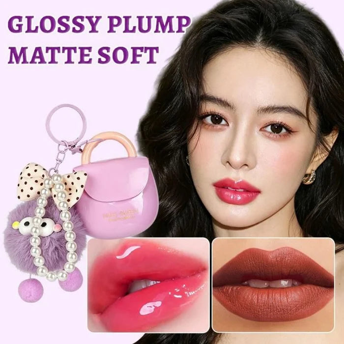 HUES QUEEN 2-in-1 Lip Gloss AirPods Design | Glossy & Matte Lip Color | Cute Fuzzy Ball Keychain