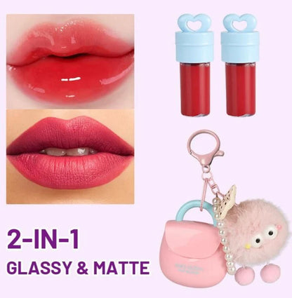 HUES QUEEN 2-in-1 Lip Gloss AirPods Design | Glossy & Matte Lip Color | Cute Fuzzy Ball Keychain