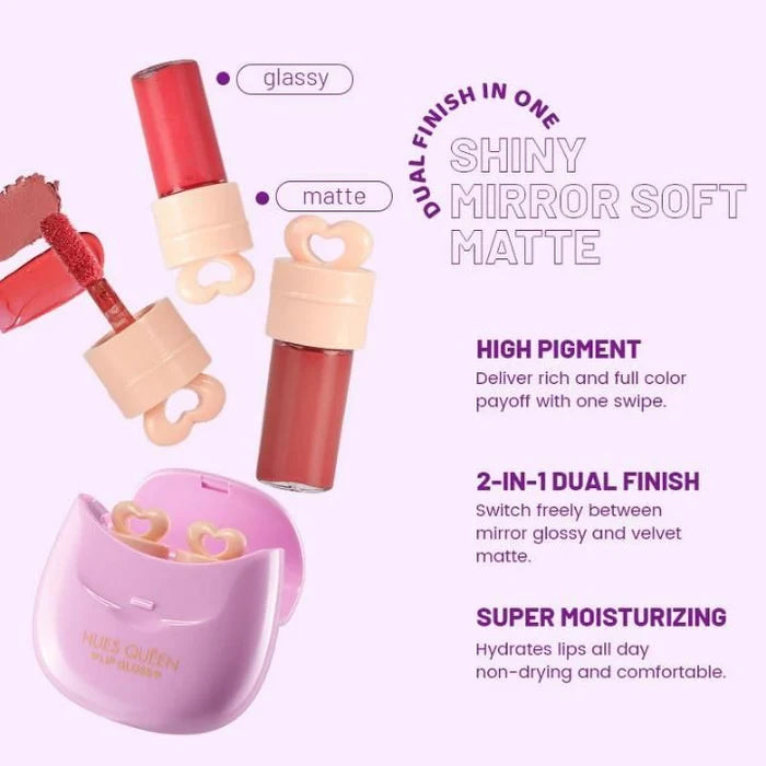 HUES QUEEN 2-in-1 Lip Gloss AirPods Design | Glossy & Matte Lip Color | Cute Fuzzy Ball Keychain