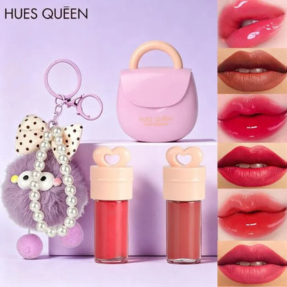HUES QUEEN 2-in-1 Lip Gloss AirPods Design | Glossy & Matte Lip Color | Cute Fuzzy Ball Keychain