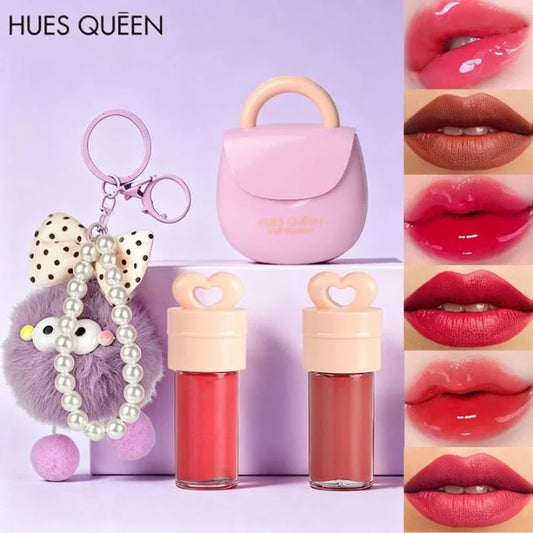 HUES QUEEN 2-in-1 Lip Gloss AirPods Design | Glossy & Matte Lip Color | Cute Fuzzy Ball Keychain