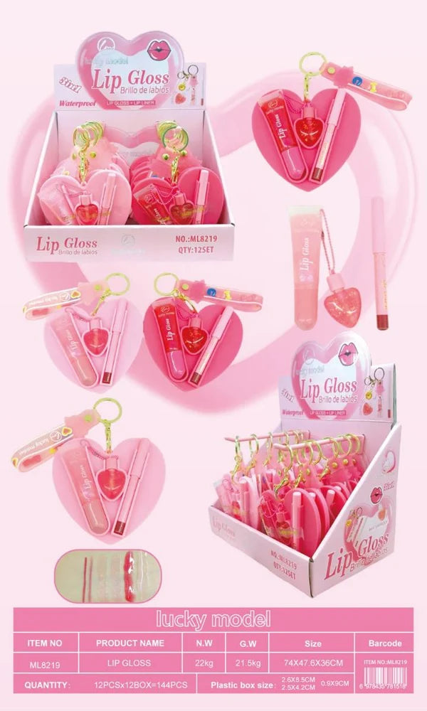 Lucky Model Heart Lip Gloss & Lip Liner Set | Cute 2-in-1 Lip Makeup Set | Portable Keychain Gloss