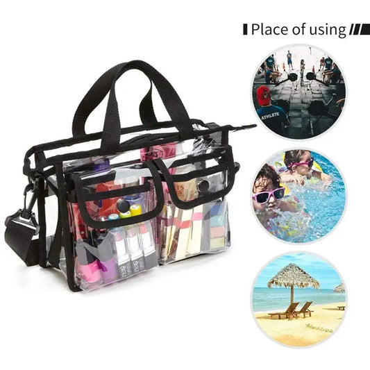 Premium Clear Makeup Organizer PVC Toiletry Bag Transparent Cosmetic Bag For Women Sturdy Zipper & 7 External Pockets For Toiletries & Cosmetics Adjustable Shoulder Strap