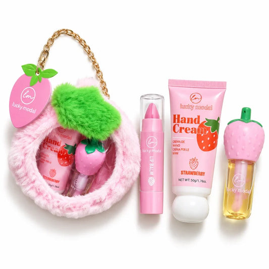 Lucky Model Strawberry 3-in-1 Lip & Hand Care Set | Lip Balm, Lip Oil & Hand Cream | Cute Strawberry Bag