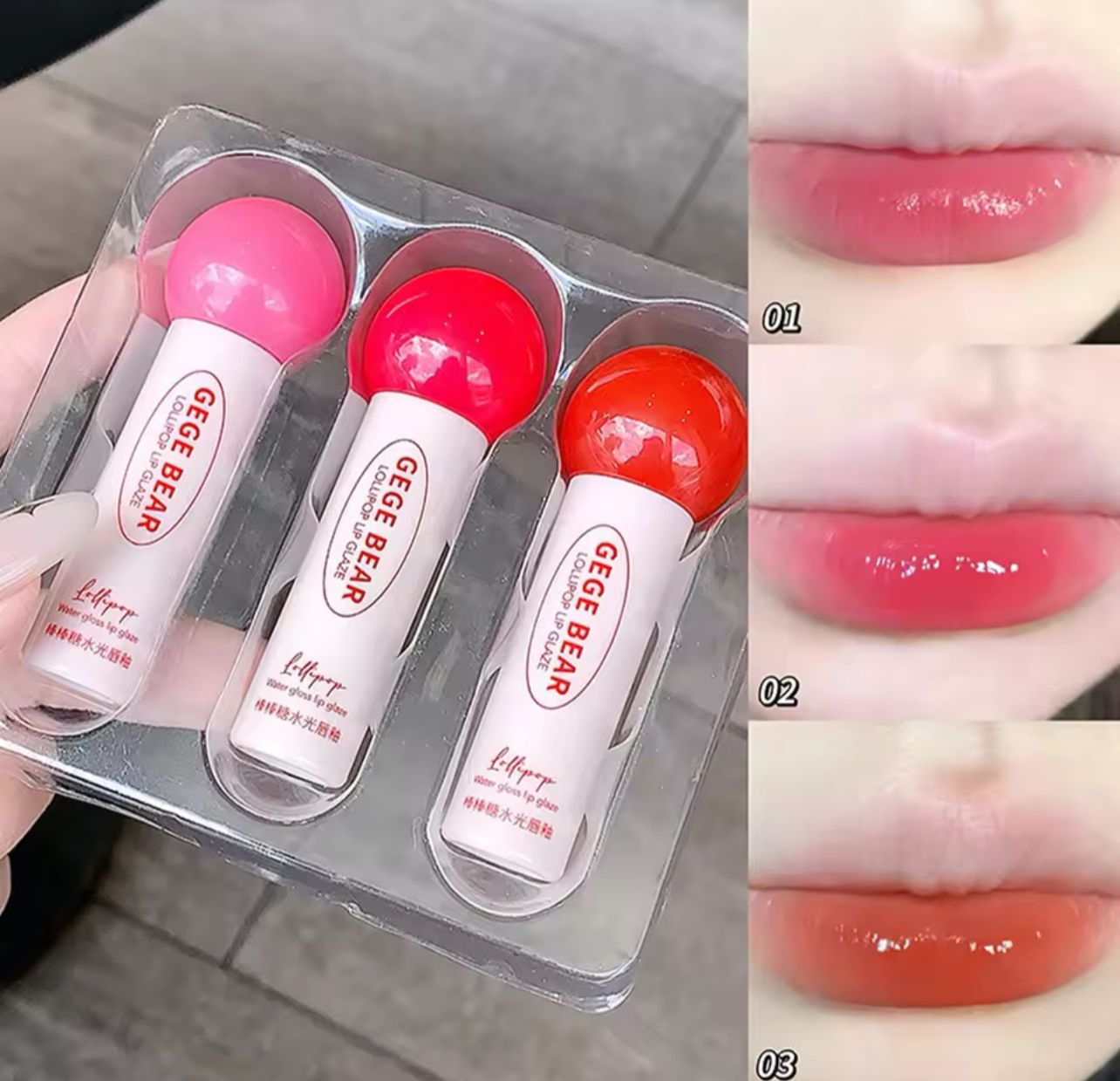 GEGE Bear 3Pcs Lollipop Candy Water Lip Gloss Set Glaze Set Shiny Water Mist Lipstick