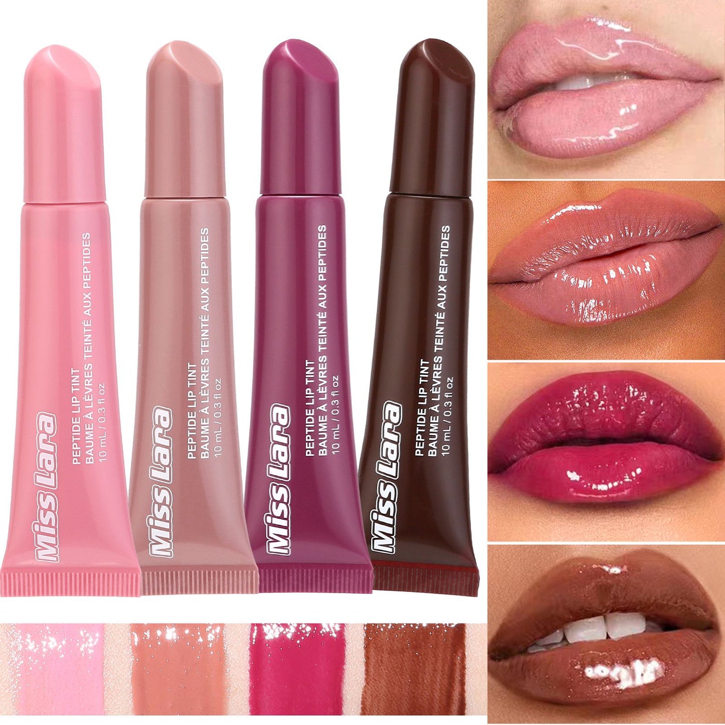 Pack OF 4 Miss Lara Punk Dark Brown Lip Gloss Lip Tint Long Lasting Moisturizing Nutritious Liquid Lipstick Clear Mineral Lip Oil Makeup