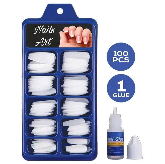 Natural Transparent Artificial Acrylic Nails Kit Fake False Nails 100Pcs + Nail Glue
