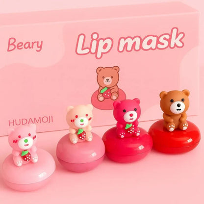 Hudamoj 4 Pc Cute Bear Lip Balm Collection Strawberry Moisturizing Lip Mask set LS-014B