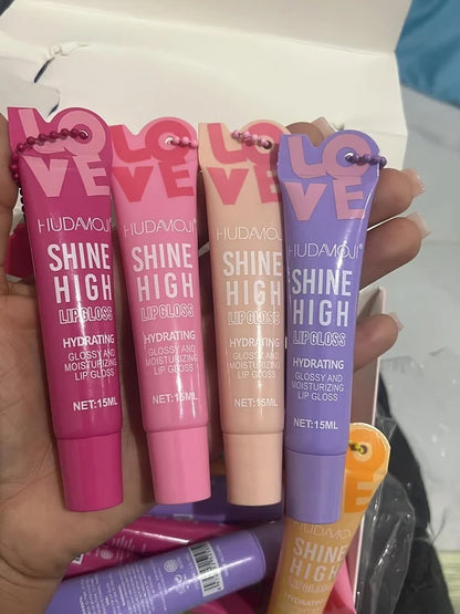 HUDAMOJI "Love" Shine High Lip Gloss Set – Hydrating & High-Shine Fruity Gloss with Keychain Charms