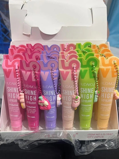 HUDAMOJI "Love" Shine High Lip Gloss Set – Hydrating & High-Shine Fruity Gloss with Keychain Charms