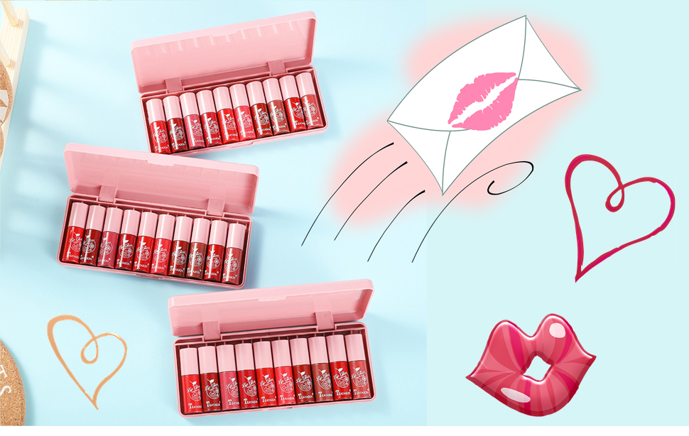 10 Colors Lip Stain Long Lasting Waterproof, Tinted Cheek & Lip Stain, Korean Lip Tint, Mini Liquid Lipstick Set