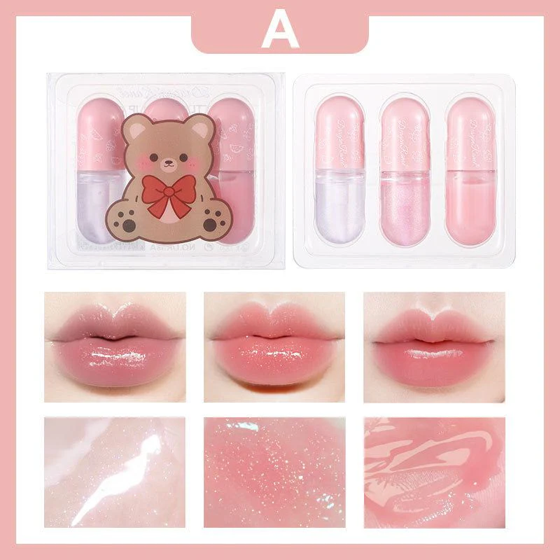 KS-ONE 3 Pcs/Box Cute Little Bear Lip Oil Set Moisturizing Lip Glaze Kit Transparent Lip Gloss Tint 4.5gx3pcs