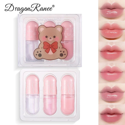 KS-ONE 3 Pcs/Box Cute Little Bear Lip Oil Set Moisturizing Lip Glaze Kit Transparent Lip Gloss Tint 4.5gx3pcs