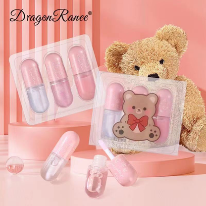 KS-ONE 3 Pcs/Box Cute Little Bear Lip Oil Set Moisturizing Lip Glaze Kit Transparent Lip Gloss Tint 4.5gx3pcs