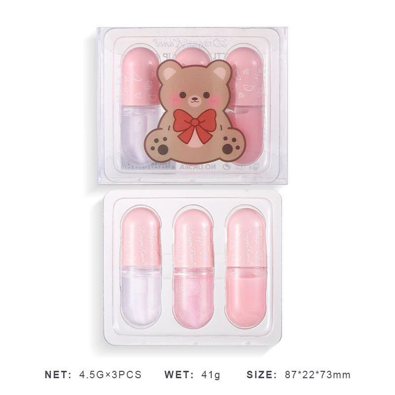 KS-ONE 3 Pcs/Box Cute Little Bear Lip Oil Set Moisturizing Lip Glaze Kit Transparent Lip Gloss Tint 4.5gx3pcs