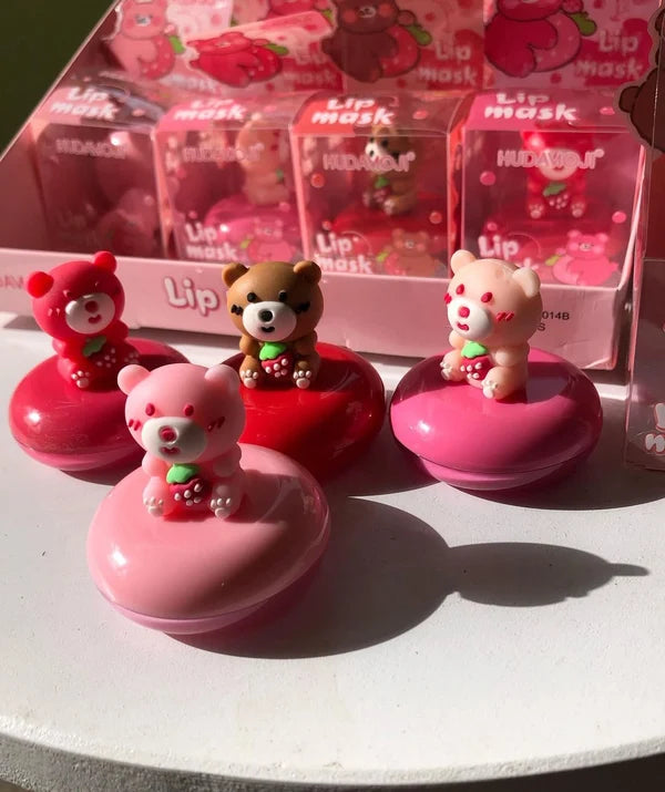 Hudamoj 4 Pc Cute Bear Lip Balm Collection Strawberry Moisturizing Lip Mask set LS-014B