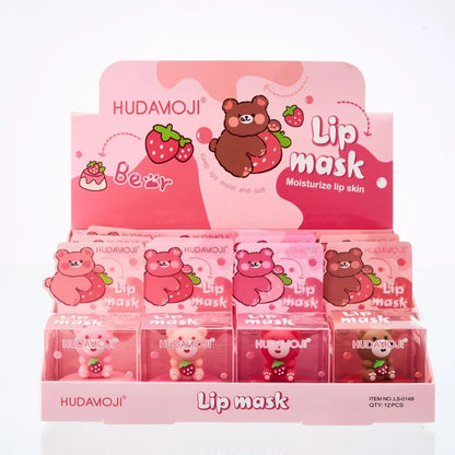 Hudamoj 4 Pc Cute Bear Lip Balm Collection Strawberry Moisturizing Lip Mask set LS-014B