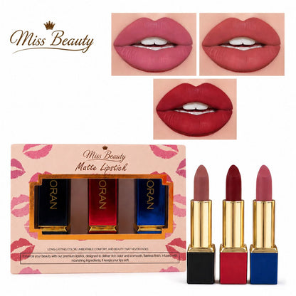 Miss Beauty Matte Lipstick Pack of 3 - Long-Lasting, Bold Color