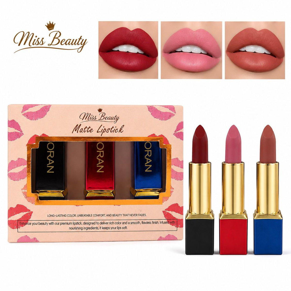 Miss Beauty Matte Lipstick Pack of 3 - Long-Lasting, Bold Color - image 2