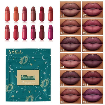 12 Colors Capsule Lipstick Set – Silky Smooth Matte Mini Lipsticks | Long Lasting Waterproof Velvet Finish