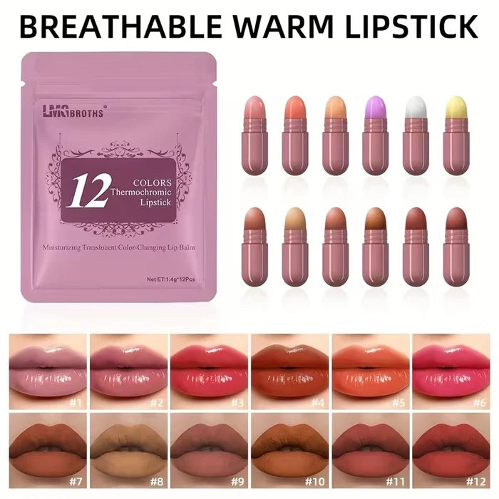 12 Colors Thermochromic Lipstick Set – Color Changing Capsule Lipsticks | Moisturizing Long Lasting Lip Balm