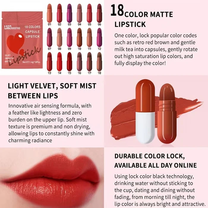 18 Colors Capsule Lipstick Set – Silky Smooth Matte Mini Capsule Lipsticks | Long Lasting Waterproof Velvet Finish | 18 Shades Lip Makeup Collection