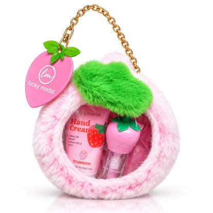 Lucky Model Strawberry 3-in-1 Lip & Hand Care Set | Lip Balm, Lip Oil & Hand Cream | Cute Strawberry Bag