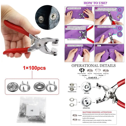 Steel Body Fastener Snap Button Press Tool For Clothes Portable Diy Button Press Plier Tool 9 mm Metal Ring Button Passer Machine With 25 buttons