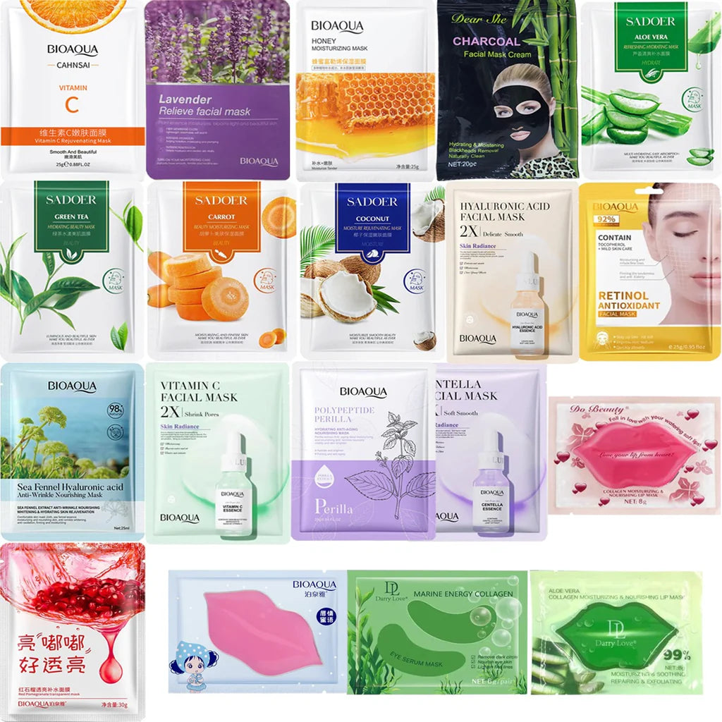 BIOAQUA Pack of 15 Moisturizing Facial Face Sheet Mask & Hydrating, Moisturizing, Skin Care Sheet Mask Lip Mask And Eye Mask