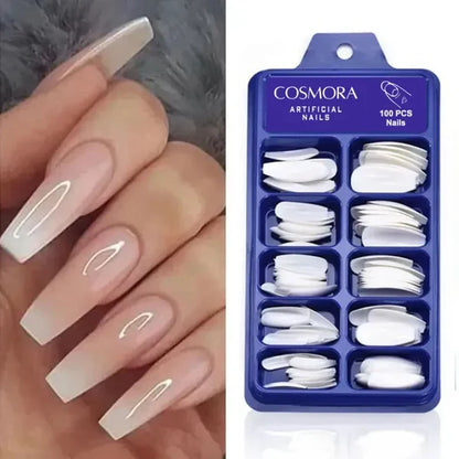 Natural Transparent Artificial Acrylic Nails Kit Fake False Nails 100Pcs + Nail Glue