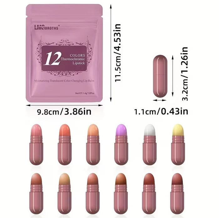 12 Colors Thermochromic Lipstick Set – Color Changing Capsule Lipsticks | Moisturizing Long Lasting Lip Balm
