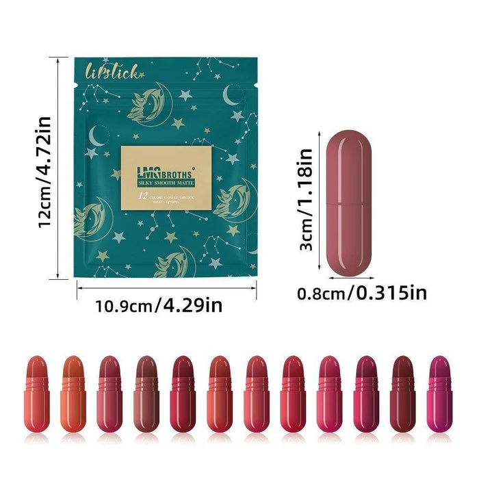 12 Colors Capsule Lipstick Set – Silky Smooth Matte Mini Lipsticks | Long Lasting Waterproof Velvet Finish