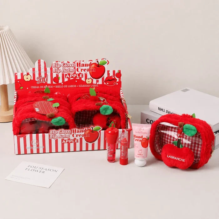 Lucky Model Apple Lip Gloss & Lip Balm Set | Lip Gloss, Lip Balm & Hand Cream with Cute Apple Bag