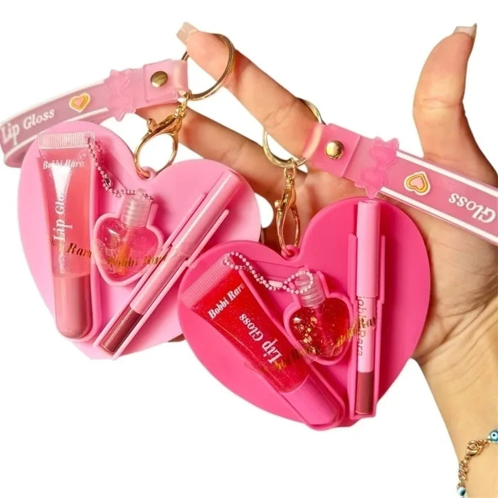 Lucky Model Heart Lip Gloss & Lip Liner Set | Cute 2-in-1 Lip Makeup Set | Portable Keychain Gloss