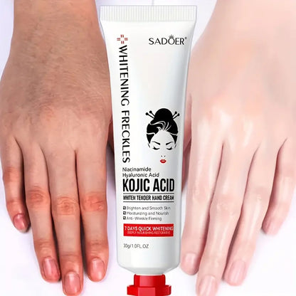 Kojic Acid Whitening Hand Cream - Moisturizing & Brightening with Hyaluronic Acid, Glycerin & Vitamin E for Normal Skin, Alcohol-Free, Rapid Tone Lightening for Freckles